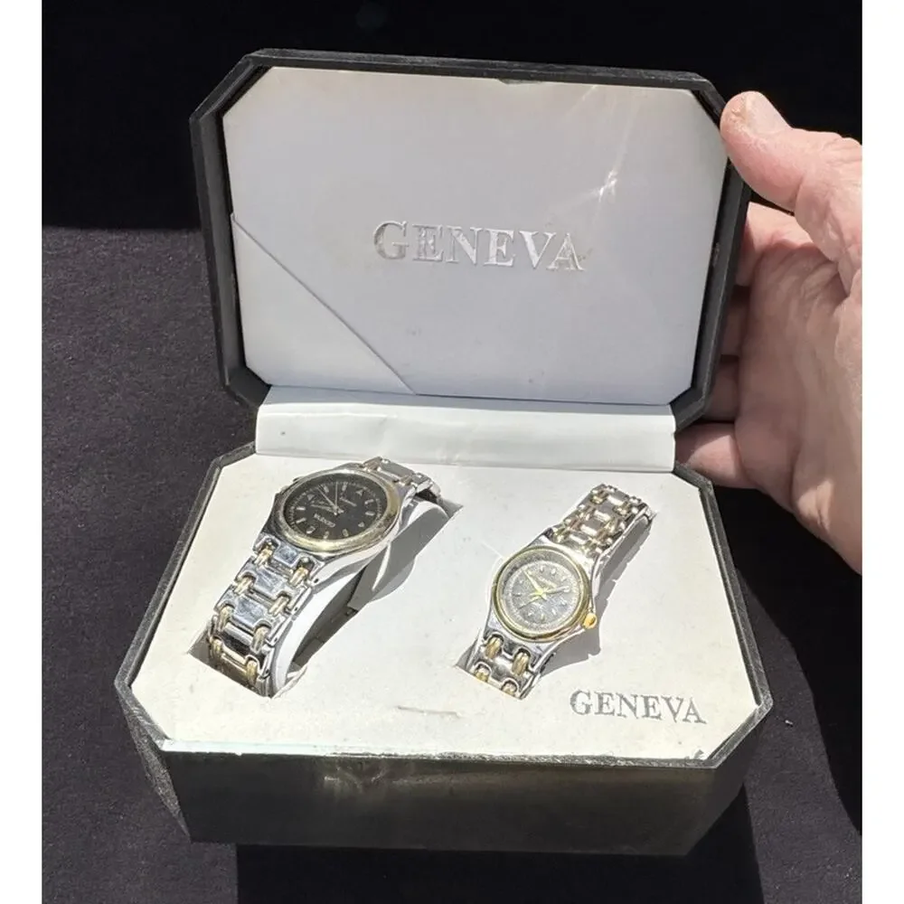 Vintage Geneva Quartz His And Her Used Watches In Original Box LO14